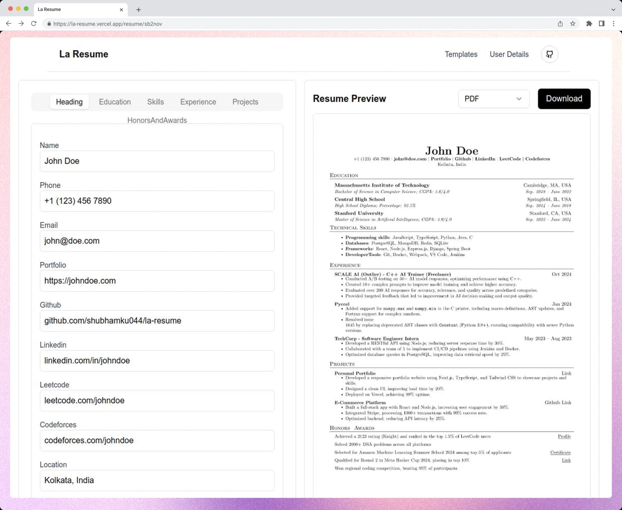 Resume Builder Interface